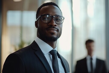 Fototapeta premium Professional Man in Formal Suit With Glasses, Confidently Posing in an Office Setting During the Daytime