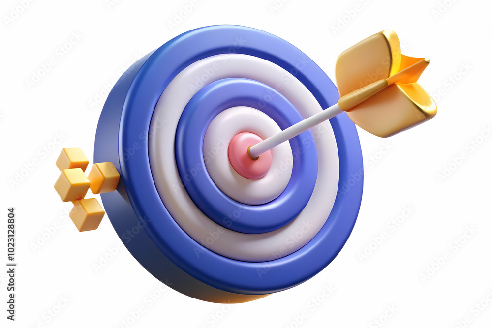 Poster glowing abstract target with marketing arrows hitting bullseye - dynamic image emphasizing precision