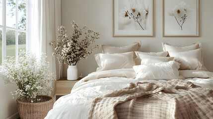 Cozy bedroom with neutral tones and decorative elements.