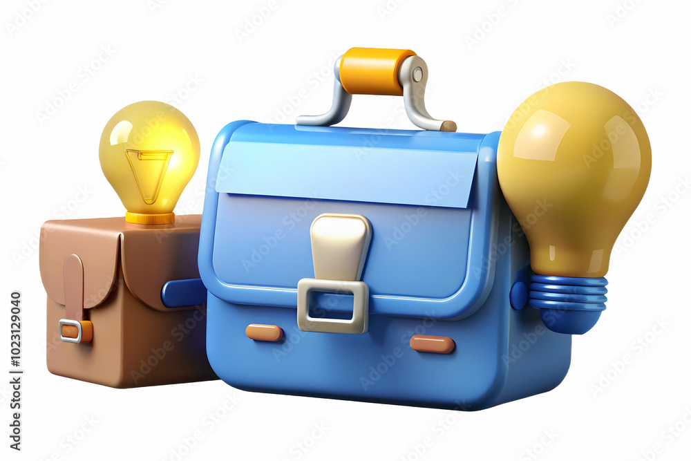 Poster 3d floating briefcase and light bulb icon with innovative solutions text concept � sleek vector desi
