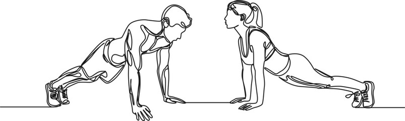 continuous single line drawing of fit man and woman exercising together, line art vector illustration