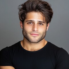 Fototapeta premium Portrait of a handsome man with stylish hair and a confident expression, wearing a black t-shirt against a neutral backdrop.