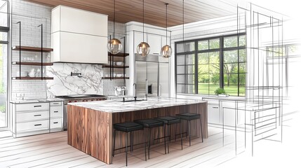 A modern kitchen with marble and wood accents, featuring an island with black metal legs and white cabinetry. The background is a pencil sketch of the same room