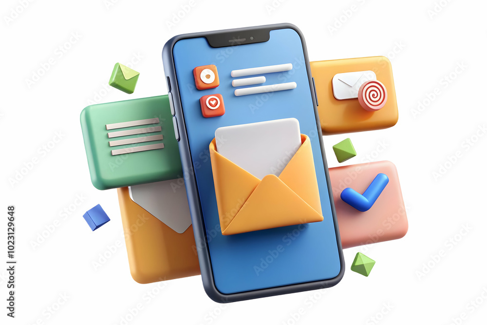 Poster flat glossy smartphone on desk with floating marketing emails and notifications - modern digital mar