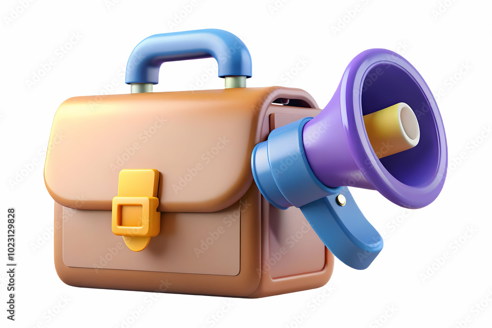 Poster dynamic vector illustration of flat floating briefcase and megaphone with marketing strategy text - 