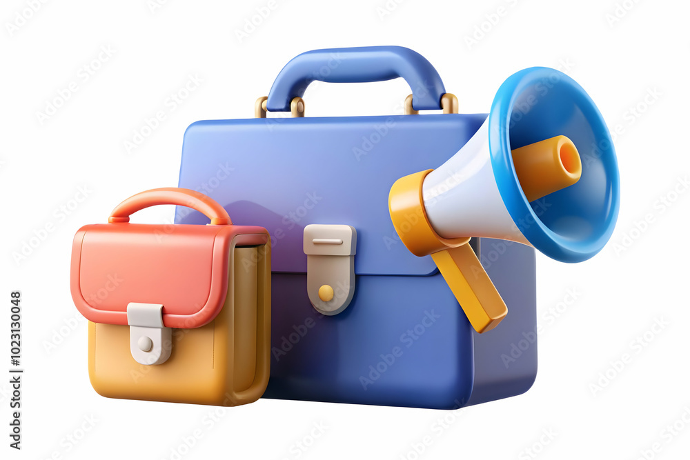Poster 3d floating briefcase and megaphone icon with marketing strategy text - dynamic vector illustration 