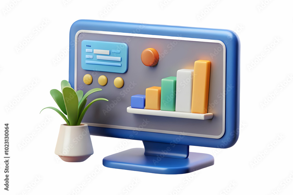 Poster flat glossy monitor displaying marketing trends dashboard - mid angle shot of polished surface refle