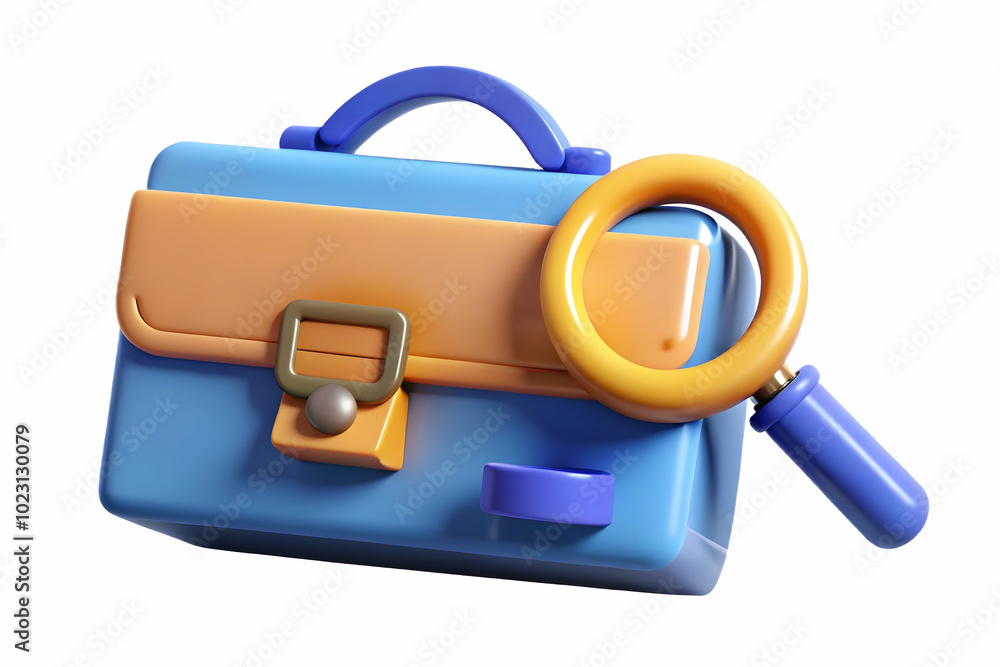 Poster 3d floating briefcase and magnifying glass icon for market research concept - dynamic vector isolate