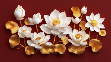 Fototapeta premium Elegant paper art of white lotus flowers with golden leaves on a red background, showcasing detailed and intricate craftsmanship.
