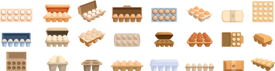 Egg package icons set. Different types of egg boxes with varying numbers of white and brown eggs, some open and some closed