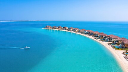 Stunning aerial view of an idyllic beach resort along the turquoise coastline, perfect for vacation and relaxation.