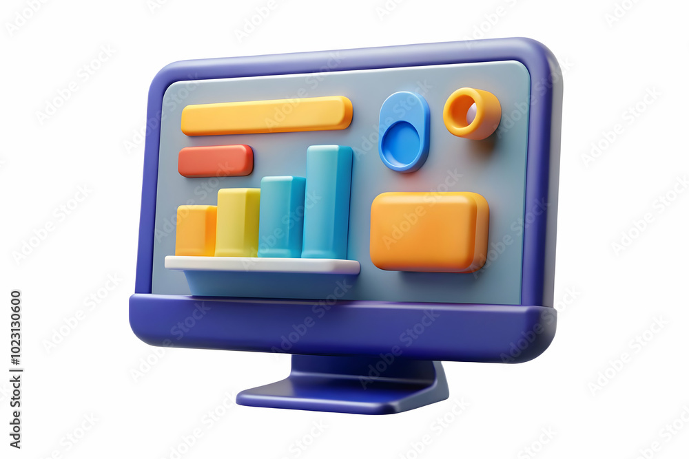 Poster 3d glossy monitor displaying marketing trends dashboard - polished surface reflects integration of t