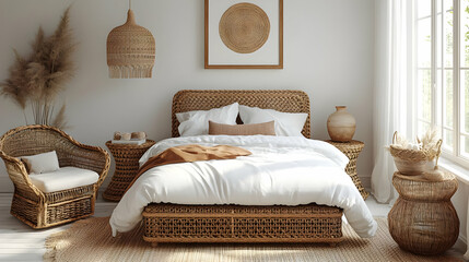 Cozy and stylish bedroom featuring rattan furniture and decor.