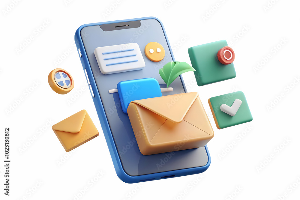 Poster flat glossy smartphone on desk with floating marketing emails and notifications - high angle modern 