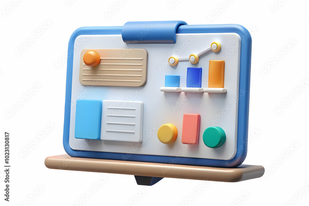 Poster flat glossy whiteboard with marketing strategy diagrams and notes - mid angle shot of clean lines an