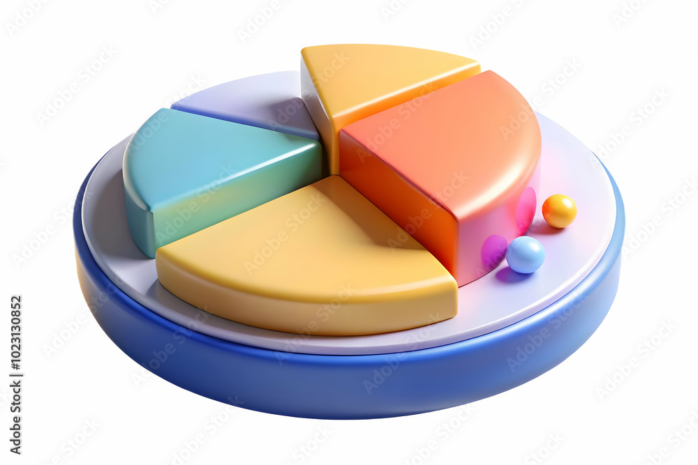 Poster 3d glowing abstract pie chart with highlighted marketing segments - rotating icon on white backgroun