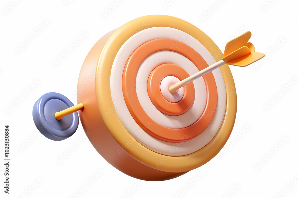 Poster flat glowing abstract target with marketing arrows hitting bullseye: dynamic vector illustration emp
