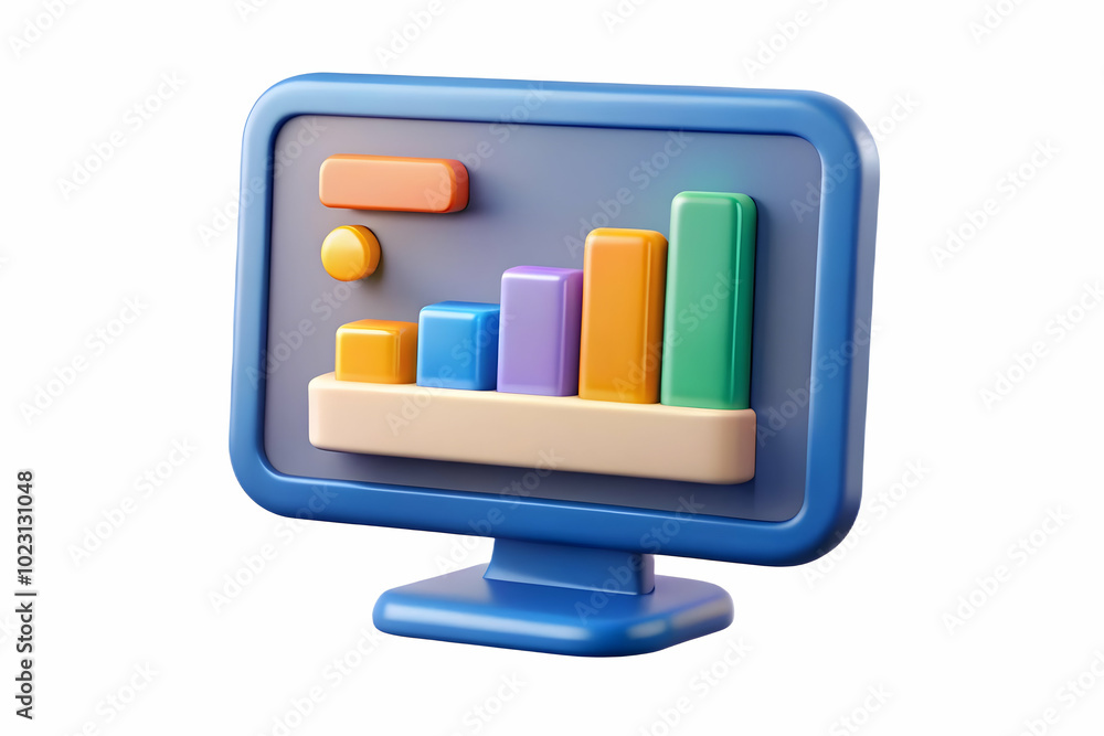 Poster 3d glossy monitor on desk displaying marketing trends dashboard with reflections and technology inte
