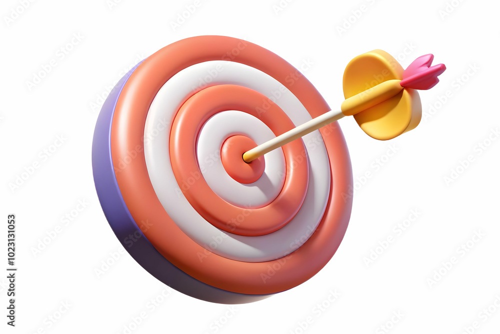 Poster 3d glowing abstract target with arrows hitting bullseye: zoomed-in dynamic image illustrating market