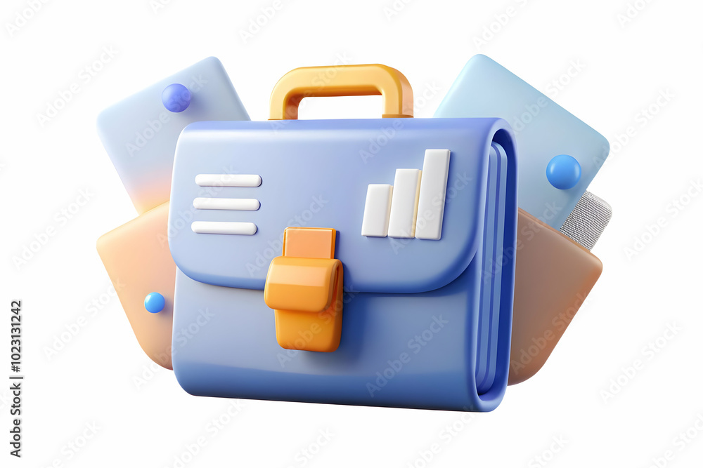 Poster flat glowing abstract briefcase with marketing documents floating inside - dynamic image emphasizing