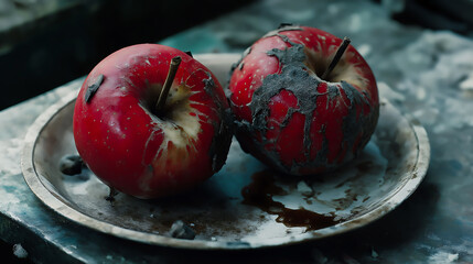 Red apple rotten with dark spots and decay, sitting on a dirty, grimy plate in the old kitchen, The apple's skin is wrinkled and discolored, with patches of mold starting to grow