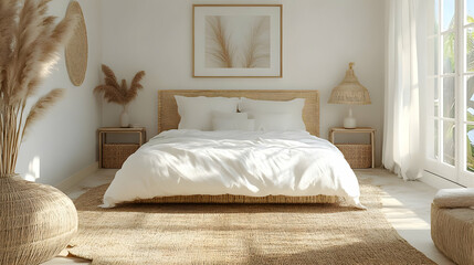 Cozy, minimalist bedroom with natural decor and soft textiles.