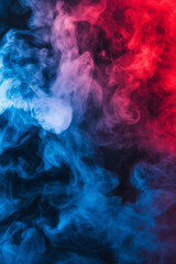 Foggy smoke in red blue neon light creating dynamic cinematic effect on dark black background.