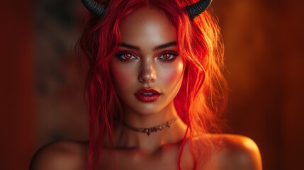Obraz premium A woman with red hair and red eyes stands in front of a red background