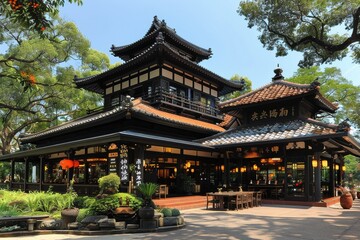 Fototapeta premium Traditional Japanese architecture featuring a beautifully designed wooden restaurant surrounded by lush greenery in a serene setting