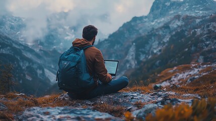A person working on a laptop in a serene mountain landscape, surrounded by nature and fog, showcasing tranquility and adventure.