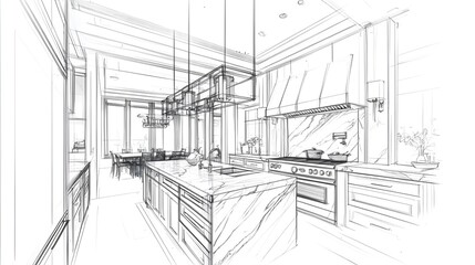 A modern kitchen with marble and wood accents, featuring an island with black metal legs and white cabinetry. The background is a pencil sketch of the same room