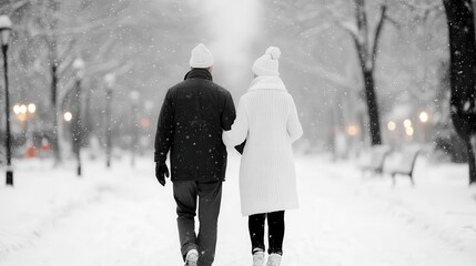 Elegantly dressed, a couple navigates a snow-covered path while snowflakes gently fall around them, creating a serene and romantic atmosphere, highlighting timeless affection.