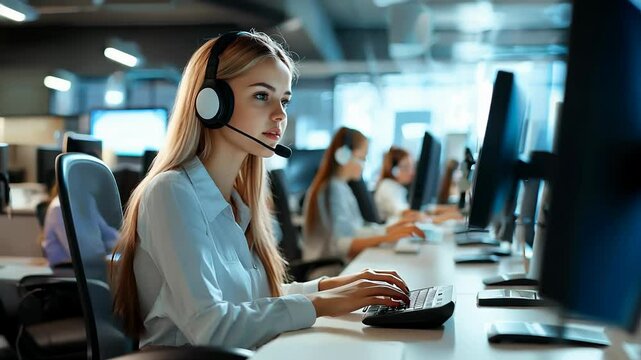 Focused Customer Support Team Working in Modern Office with Headsets