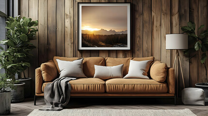 Cozy living room featuring a warm sofa and nature-themed artwork.