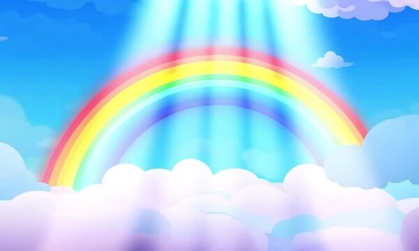 A stunning illustration featuring a rainbow in the sky, surrounded by beautiful, fluffy clouds, creating a beautiful and beautiful scene cartoon style, vector art and illustration