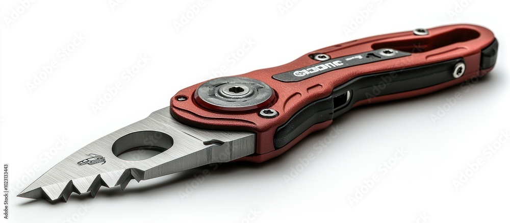 Poster a multi-tool knife with a serrated edge, designed for various cutting tasks.