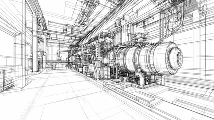 Obraz premium Sketch of industrial equipment. Wire-frame style. 3d illustration
