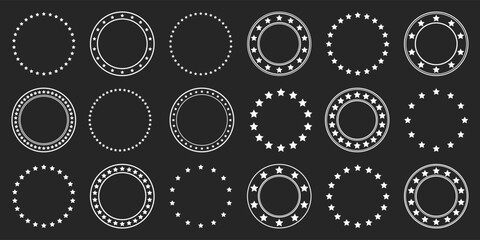 Stars of various sizes arranged in a circle. Round frame, border. Black star shape, simple symbol. Vintage logo, logotype design element, ornament. Vector illustration