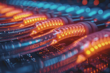 A glowing fiber optic cable that emits light from the fiber optics to hint at high-speed internet.