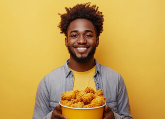 An African American man with a basket of fried chicken on a yellow background. A young man is holding a fast food basket with chicken nuggets to take away.