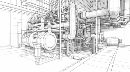 Sketch of industrial equipment. Wire-frame style. 3d illustration