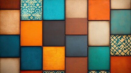 Vibrant mosaic tiles featuring orange, teal, and brown hues, perfect for interior design and decorative backgrounds.