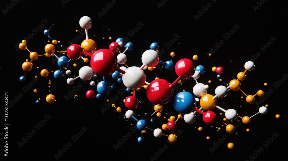 Poster a colorful abstract representation of a nutrient's chemical structure, showcasing interconnected sph