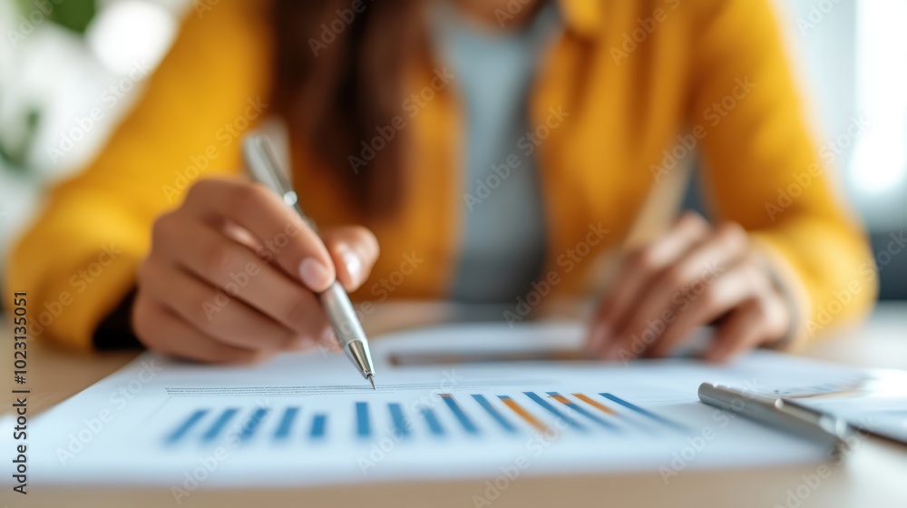 Poster close view of a person's hands holding a pen and analyzing printed data charts and graphs, represent