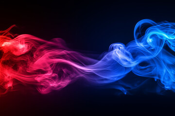 Fototapeta premium Foggy smoke in red blue neon light creating dynamic cinematic effect on dark black background.