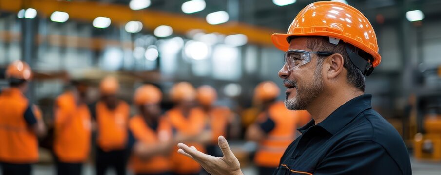 Supervisor conducting a safety talk in a warehouse, explaining hazard symbols and safety protocols, workers engaged in practical training