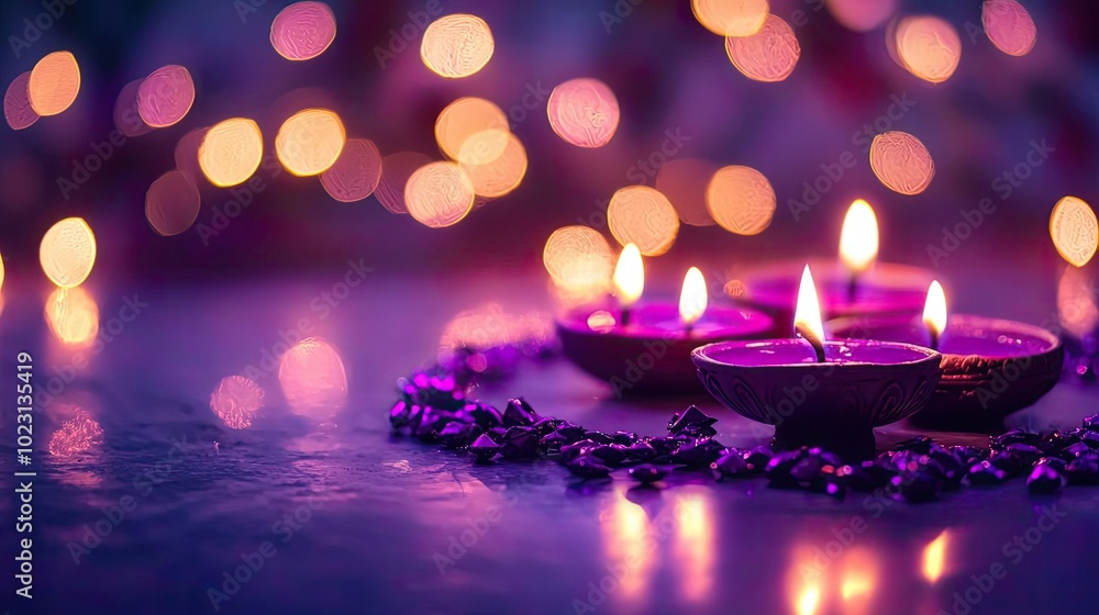 Poster a serene arrangement of glowing candles surrounded by soft purple lights, creating a peaceful ambian