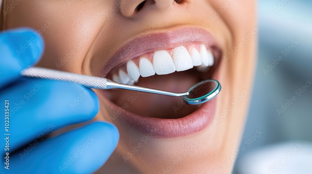 Wall mural a smiling patient during a dentist appointment showing a close-up of the dental tools in use, emphas