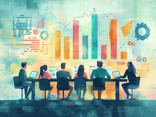 A diverse team analyzing data and financial charts during a modern business meeting, showcasing collaboration and strategy.