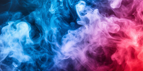 Foggy smoke in red blue neon light creating dynamic cinematic effect on dark black background.